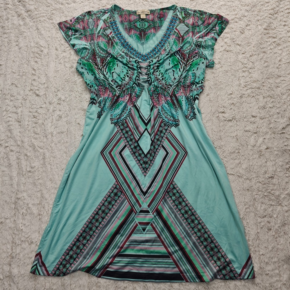 VTG Y2K Psychedelic Fairy Dress Women M Live and Let Live Butterfly Beaded Vneck